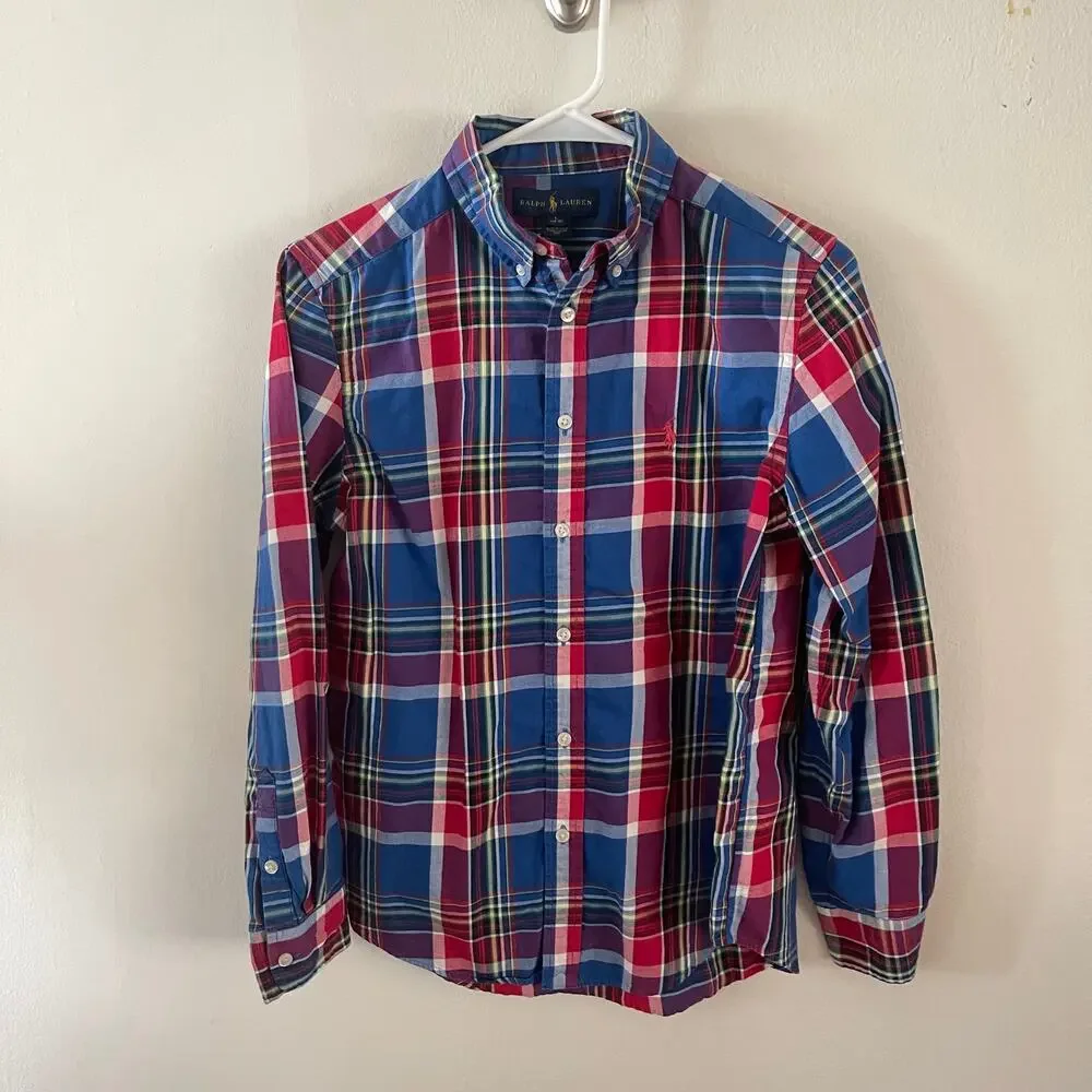 Ralph Lauren Boys Large 14/16 Red Blue Tartan Plaid Button Down Shirt Sleeve
